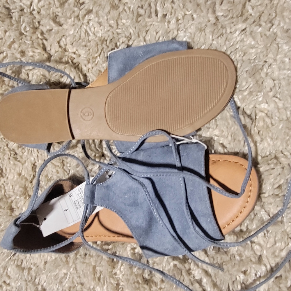 Blue and Tan Strappy Sandals with Ankle Strap